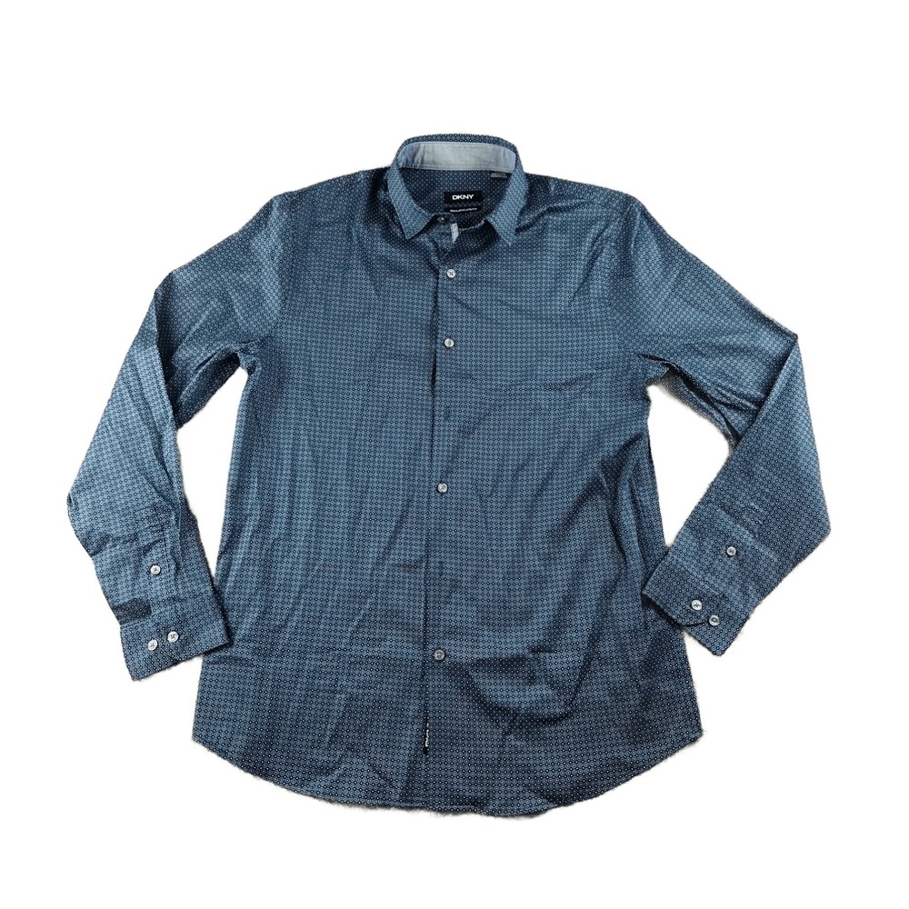 DKNY Button-Down Shirt Men M Blue Regular Fit Stretch Geometric Cotton Office